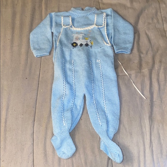 Vintage 50’s Unique Hand Crafted Newborn Baby Two Piece Sweater & Overall Set